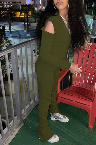 Olive green Daily Polyester Solid Hollowed Out Slit O Neck Long Sleeve Regular Sleeve Two Pieces