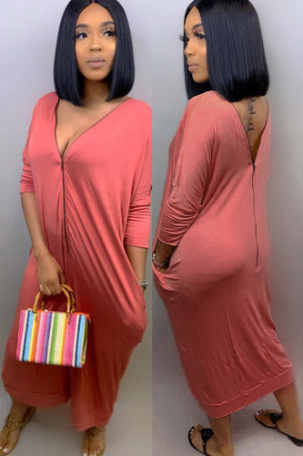 Red Polyester Casual Long Sleeves V Neck Slim Dress Mid-Calf Solid Casual Dresses CQ711187