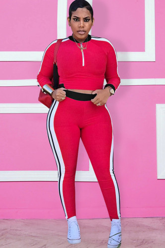 Red Polyester Casual Patchwork Two Piece Suits Solid pencil Long Sleeve Two-piece Pants Set GL221313