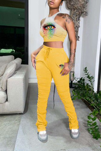 Yellow Polyester Street Print Gradient Eyes Printed Straight Sleeveless Two Pieces