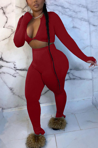 Wine Red Polyester Fashion Casual adult Ma'am Patchwork Solid Two Piece Suits pencil Long Sleeve Two Pieces