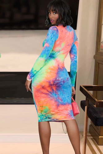 Multi-color Milk. Europe and America Cap Sleeve Long Sleeves O neck Pencil Dress Knee-Length Patchwork Print Print Dresses LR2610214