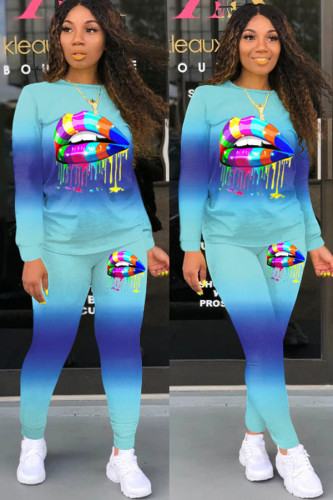 Blue Polyester Sexy Casual Print Gradient Lips Print pencil Long Sleeve Two Pieces