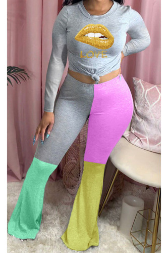 Grey Polyester Sexy Print Boot Cut Long Sleeve Two Pieces