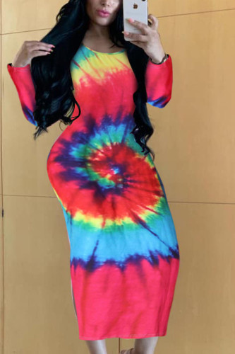 purple Sexy Polyester Gradual Change Print Split Joint Tie-dye O Neck Long Sleeve Ankle Length Straight Dresses