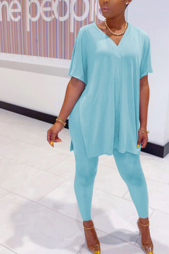 Blue Polyester Fashion Casual adult Ma'am Solid Two Piece Suits pencil Short Sleeve Two Pieces