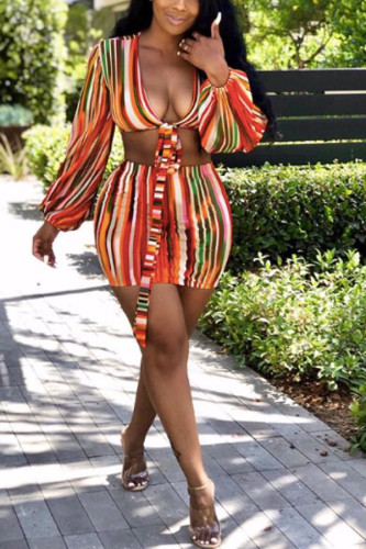 colour Polyester Casual Striped Print Bandage Long Sleeve Two Pieces