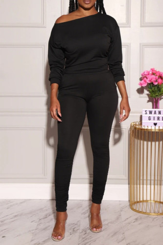 Black Polyester OL Solid Draped pencil Long Sleeve Two Pieces