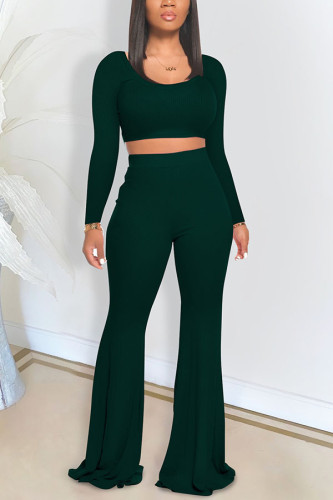 Dark green Polyester Fashion Casual adult Ma'am Solid Two Piece Suits Loose Long Sleeve Two Pieces