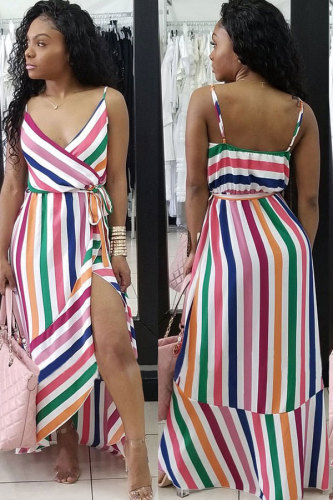 Pink Polyester Fashion Sexy Spaghetti Strap Sleeveless Slip Asymmetrical Ankle-Length Patchwork Print asy