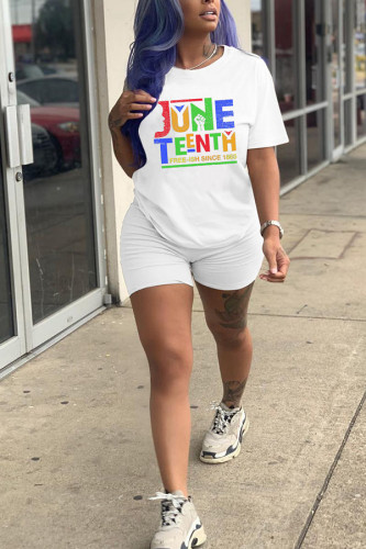 White Polyester Fashion Casual adult Ma'am Print Two Piece Suits Straight Short Sleeve Two Pieces
