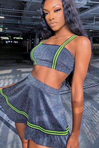 Silver Polyester Fashion Sexy Slim fit crop top Solid Two Piece Suits Pleated skirt Sleeveless Two-Piece Dress HM93186