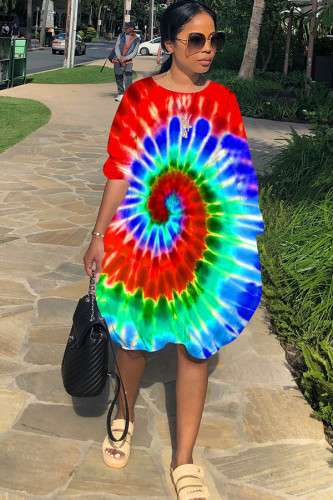 Green Polyester Sexy Bubble sleeves 3/4 Length Sleeves O neck Lantern skirt Knee-Length asymmetrical Colouring Print Club Dresses GL221283