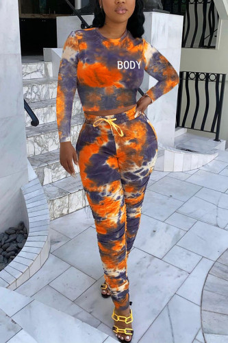 Orange Fashion Sexy Adult Polyester Print Tie Dye Tie-dye O Neck Long Sleeve Regular Sleeve Short Two Pieces