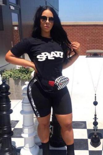 Black Polyester Fashion Casual Solid Letter Two Piece Suits Loose Short Sleeve Two-Piece Short Set