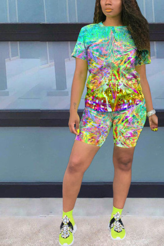 purple Polyester Casual OL Floral Tie Dye Fluorescent Straight Short Sleeve Two Pieces