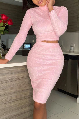 Pink Casual Polyester Plush Patchwork Solid Split Joint O Neck Long Sleeve Regular Sleeve Short Two Pieces