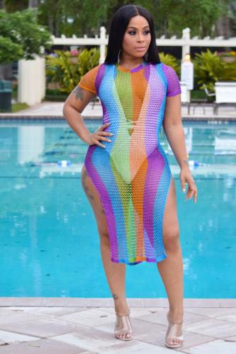 purple Polyester Sexy Fashion Cap Sleeve Short Sleeves O neck Hip skirt Knee-Length Rainbow hollow out split perspective LS481187