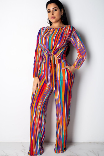 Red Polyester Sexy Striped Two Piece Suits asymmetrical Print crop top Bandage Loose Long Sleeve Two-piece Pants Set ZL98078