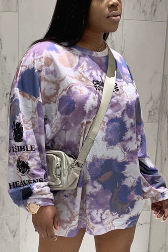 Light Purple Casual Polyester Print O Neck Long Sleeve Mini Straight Dresses