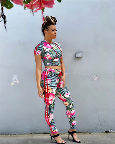 Green Print Mid Waist Elastic Waist Drawstring-Waist Two-piece suit