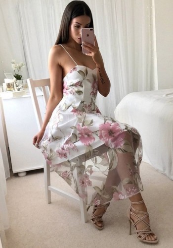 Pink Brief Cute V-Neck Sleeveless Loose Long Print Dresses LH35341-2