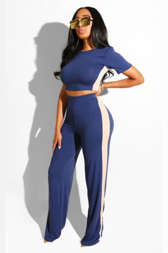 Dark Blue Polyester Fashion Casual Solid Patchwork Loose Two-piece Pants Set