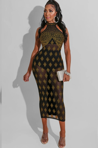 Gold Acetyl fiber Sexy Cap Sleeve Long Sleeves O neck A-Line Ankle-Length diamonds chain perspective Club Dresses WN501321