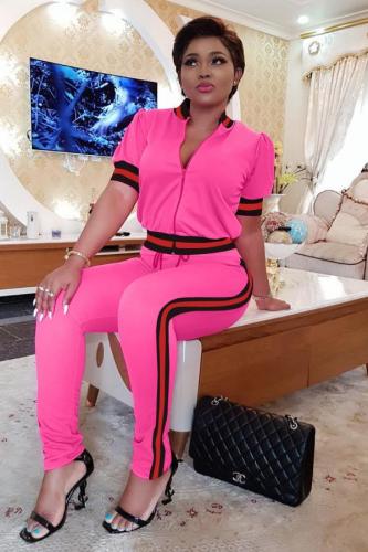 rose red Polyester Casual Fashion Striped Zippered Solid Skinny Two-piece Pants Set WZ681182