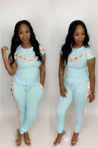 Light Blue Polyester Fashion Casual Solid Patchwork Regular Two-piece Pants Set