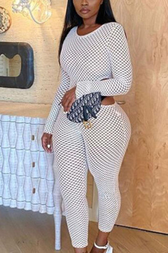 White Sexy Polyester Solid See-through O Neck Long Sleeve Two Pieces