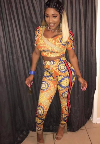 as show Print Mid Waist Elastic Waist Two-piece suit