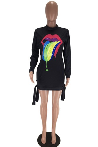 Black Polyester Fashion adult Sexy Cap Sleeve Long Sleeves O neck Step Skirt Mini bandage Print lip asymmetrical Tongue Long Sleeve Dresses ZL98058