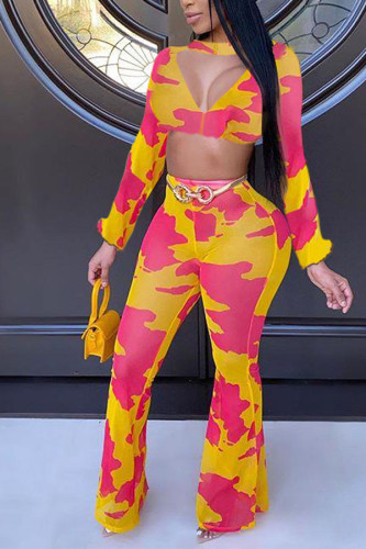 Yellow Polyester Sexy Print pencil Long Sleeve Two Pieces