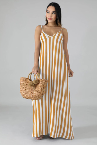 Yellow Polyester adult Sexy Fashion Casual Spaghetti Strap Sleeveless V Neck Slip A-Line Ankle-Length Print Striped Casual Dresses WN501255
