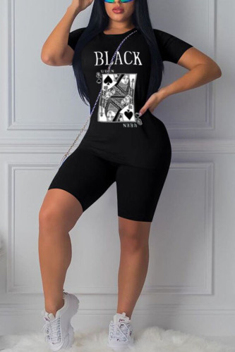 Black Polyester Fashion Sexy adult Ma'am Print Two Piece Suits pencil Short Sleeve Two Pieces
