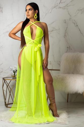 Orange Polyester Fashion Sexy Tank Sleeveless V Neck A-Line Floor-Length Mesh Patchwork backless Club Dresses LO441188