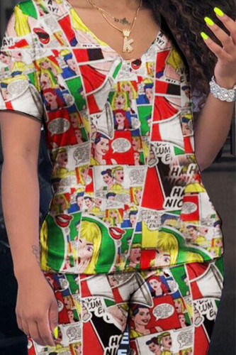 multicolor Polyester Casual Print Straight Short Sleeve Two Pieces