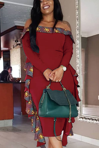 Red Sexy Fashion Off The Shoulder Long Sleeves One word collar A-Line Ankle-Length Patchwork HM93046