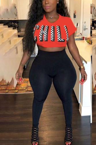 Red Polyester Casual Letter Print Straight Short Sleeve Two Pieces
