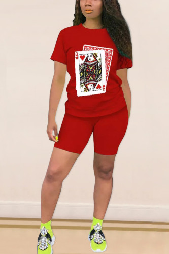 Red Polyester Casual Patchwork Print Straight Short Sleeve Two Pieces