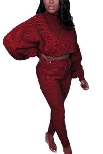 Wine Red Casual Polyester Solid O Neck Long Sleeve Regular Sleeve Short Two Pieces