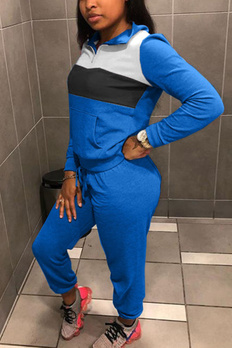 Blue Fashion Casual Adult Polyester Patchwork Solid Split Joint Turndown Collar Long Sleeve Regular Sleeve Regular Two Pieces