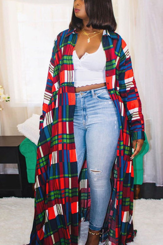Orange Sexy Polyester Plaid Print Split Joint Shirt Collar Long Sleeve Floor Length A Line Dresses