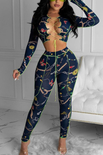 Peacock blue Fashion Sexy Adult Polyester Print Bandage O Neck Long Sleeve Regular Sleeve Short Two Pieces