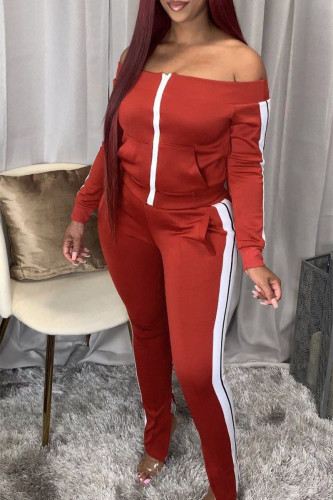 tangerine Sexy Twilled Satin Solid Split Joint Bateau Neck Long Sleeve Two Pieces