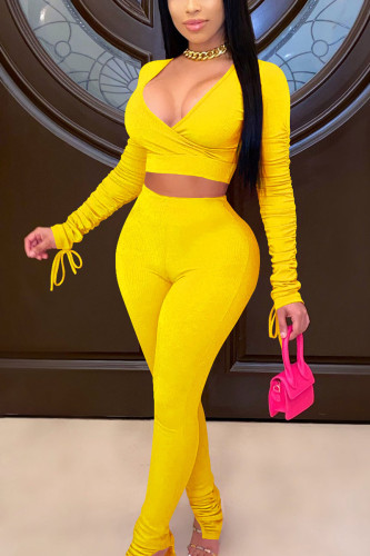 Yellow Sexy Polyester Solid Split Joint V Neck Long Sleeve Regular Sleeve Short Two Pieces