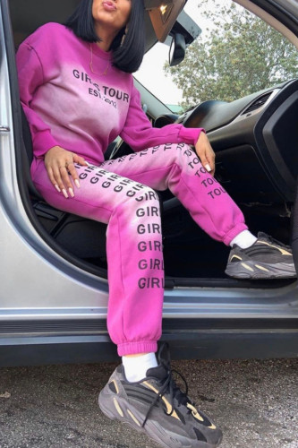 Pink Fashion Casual Living Letter Patchwork Print Split Joint Tie-dye Letter Pullovers Pants O Neck Long Sleeve Regular Sleeve Regular Two Pieces