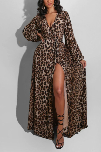 Leopard print British Style Polyester Leopard V Neck Long Sleeve Floor Length A Line Dresses