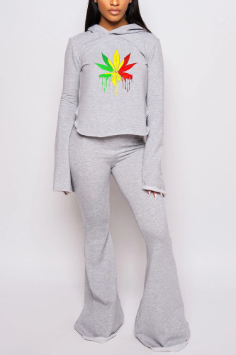 Grey Fashion Casual Adult Polyester Print Split Joint Hooded Collar Long Sleeve Regular Sleeve Regular Two Pieces